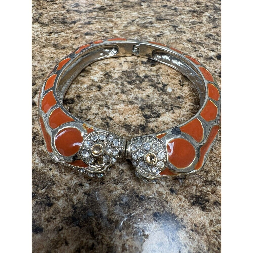Chico’s Orange Enamel Hinged Bangle Bracelet Rhinestone Ends Gold Tone